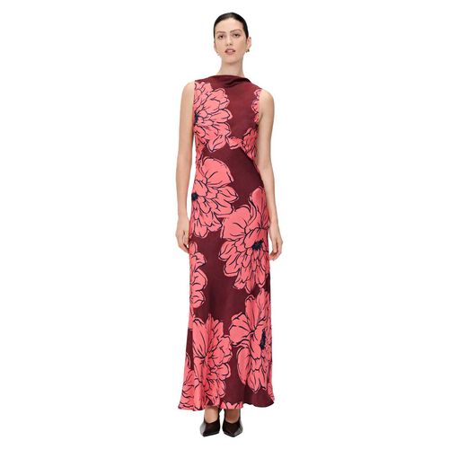 Veronika Maine Coral Peony Satin Maxi Bias Dress